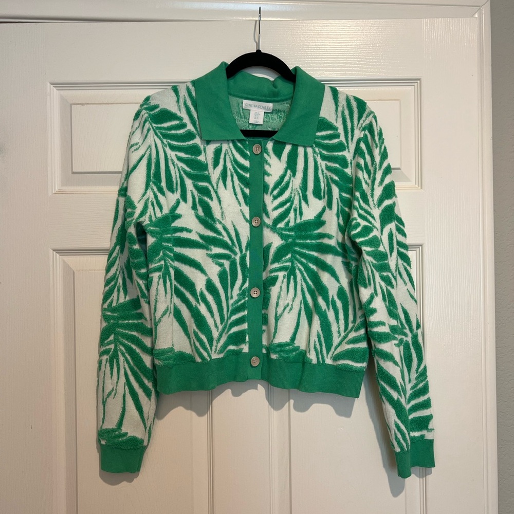 Cynthia Rowley Green and White Botanical Cardigan